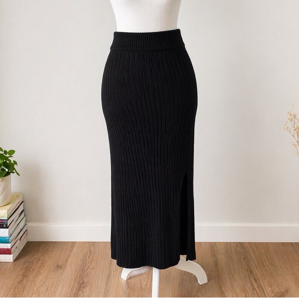 Pink Lily Black Ribbed Knit Midi Pencil Skirt with Slit, High Rise XS